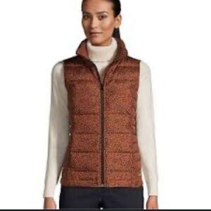 Lands End Women's Black & Brown Animal Print Down Filled Vest Size Small Cozy